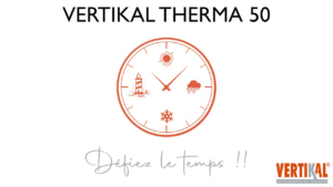 Logo Vertikal Therma 50 avec horloge et symboles météo, Beltoise Façades.