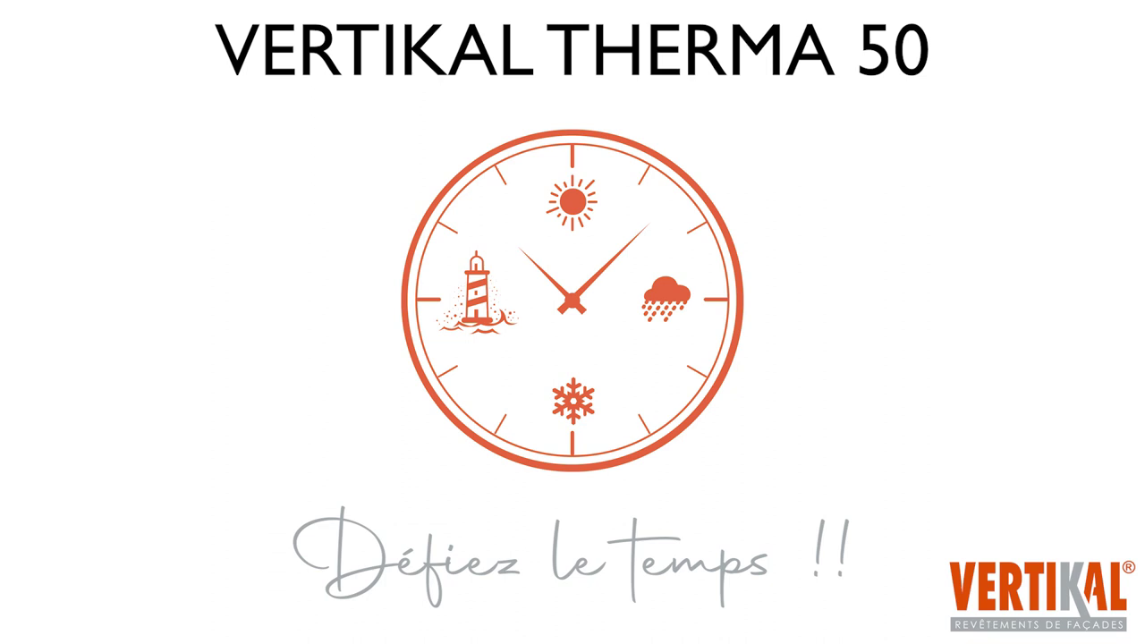 Logo Vertikal Therma 50 avec horloge et symboles météo, Beltoise Façades.